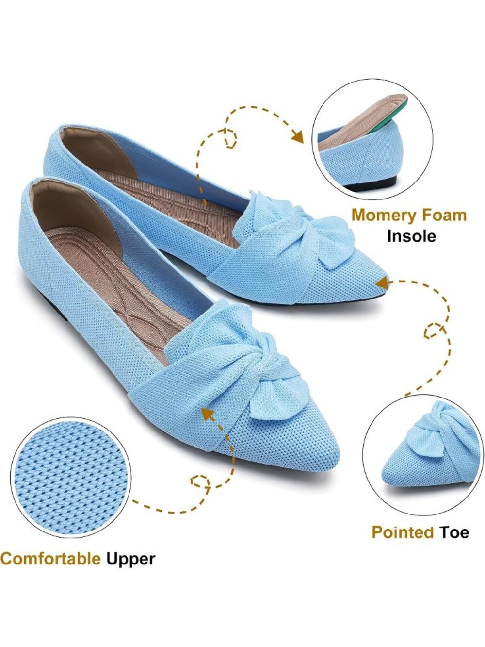 Women's Light Blue Pointed Toe Bow Comfortable Knit Pull On Dressy Ballet Flats - Picture 4 of 7